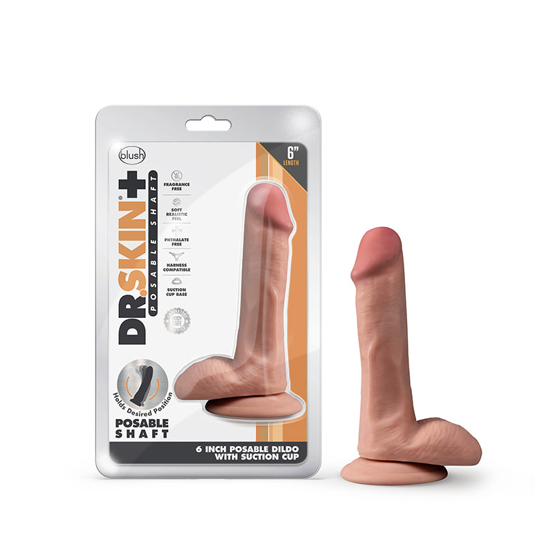 Blush Dr. Skin Plus Realistic 6 in. Triple Density Posable Dildo with Balls & Suction Cup Tan-Pinkfoxxx