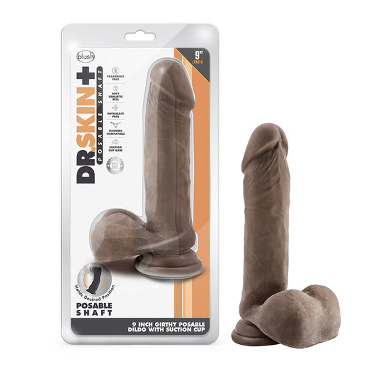 Blush Dr. Skin Plus Thick 9 in. Triple Density Posable Dildo with Balls & Suction Cup Brown-Pinkfoxxx