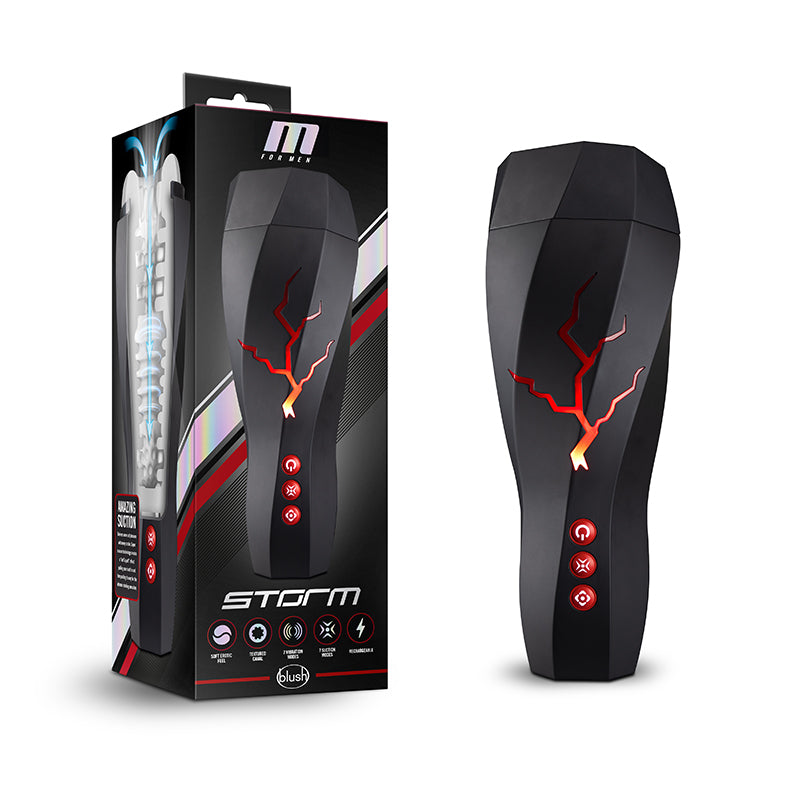 Blush M for Men Storm Rechargeable Vibrating Suction Masturbator Black-Pinkfoxxx
