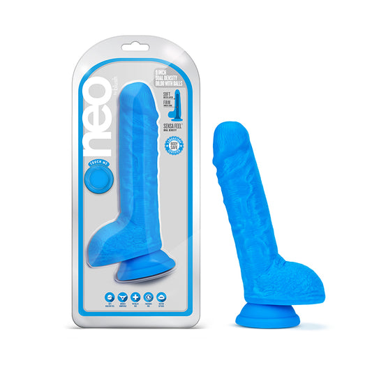 Blush Neo 9 in. Dual Density Dildo with Balls & Suction Cup Neon Blue-Pinkfoxxx