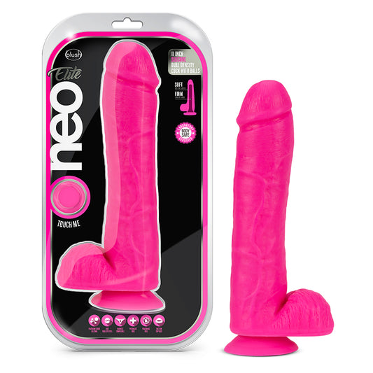 Blush Neo Elite 11 in. Silicone Dual Density Dildo with Balls & Suction Cup Neon Pink-Pinkfoxxx