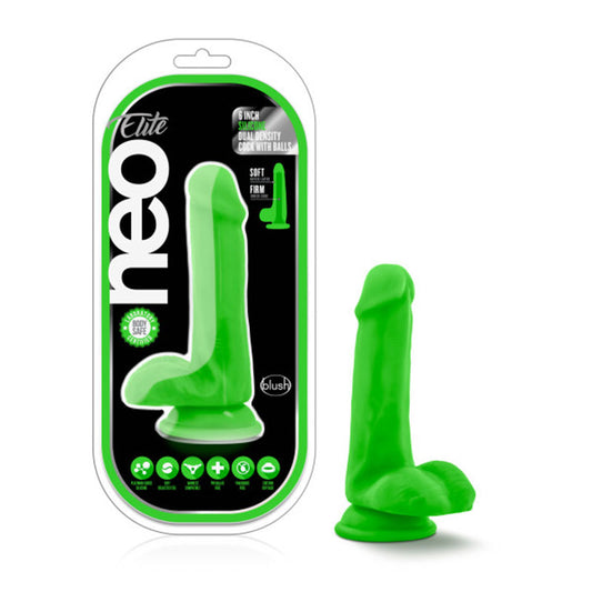Blush Neo Elite 6 in. Silicone Dual Density Dildo with Balls & Suction Cup Neon Green-Pinkfoxxx