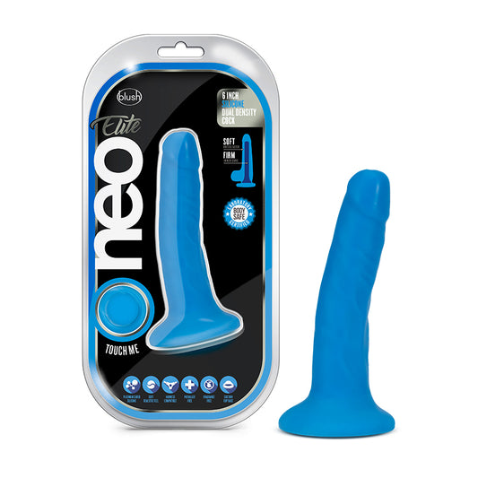 Blush Neo Elite 6 in. Silicone Dual Density Dildo with Suction Cup Neon Blue-Pinkfoxxx