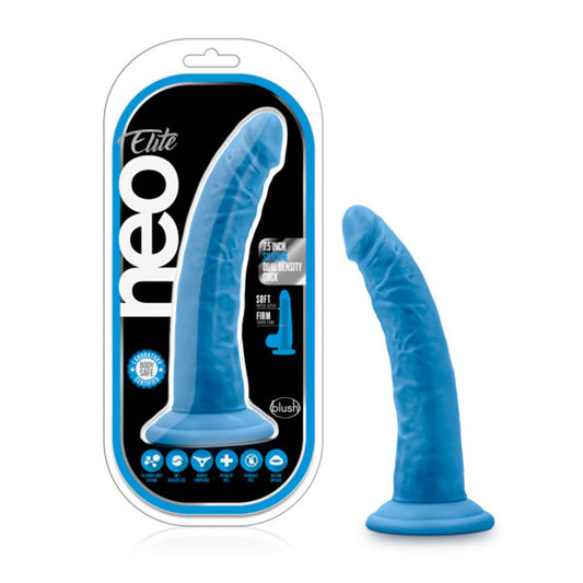 Blush Neo Elite 7.5 in. Silicone Dual Density Dildo with Suction Cup Neon Blue-Pinkfoxxx
