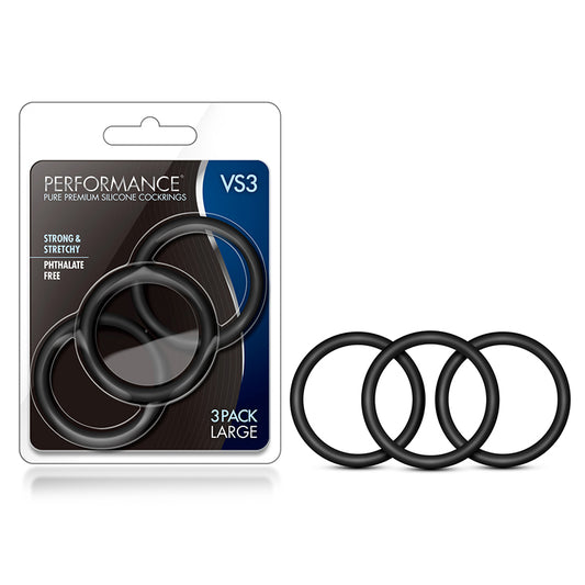 Blush Performance VS3 Pure Premium Silicone Cockrings 3-Pack Large Black-Pinkfoxxx