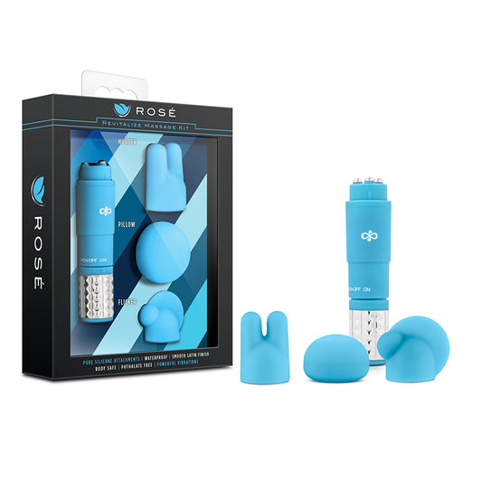 Blush Rose Revitalize Massage Kit with Mini Vibrator & 3 Silicone Attachments Blue-Pinkfoxxx