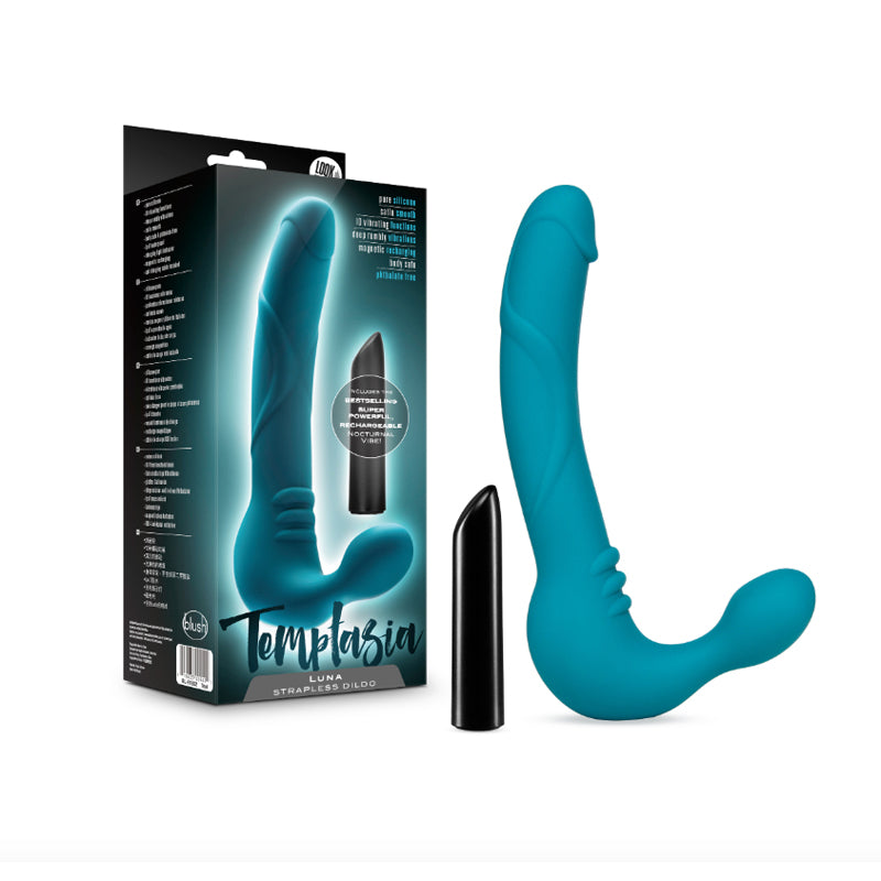 Blush Temptasia Luna 9 in. Silicone Strapless Strap-On Dildo with Rechargeable Bullet Vibrator Teal-Pinkfoxxx