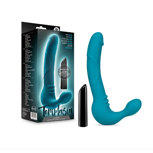 Blush Temptasia Luna 9 in. Silicone Strapless Strap-On Dildo with Rechargeable Bullet Vibrator Teal-Pinkfoxxx
