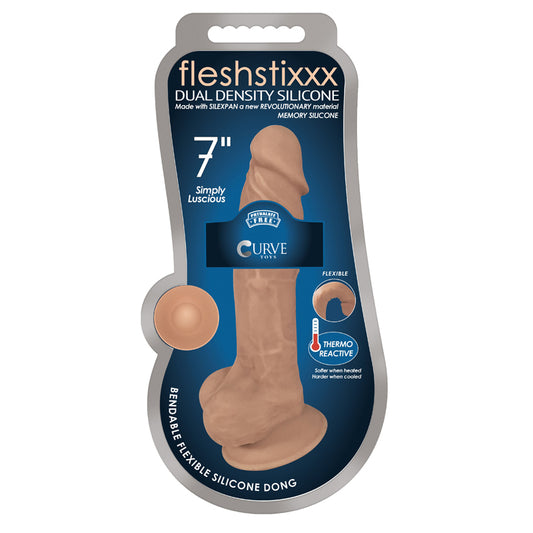Curve Toys FLESHSTIXXX 7 in. Posable Dual Density Silicone Dildo with Balls & Suction Cup Tan-Pinkfoxxx