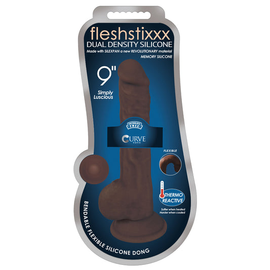 Curve Toys FLESHSTIXXX 9 in. Posable Dual Density Silicone Dildo with Balls & Suction Cup Brown-Pinkfoxxx