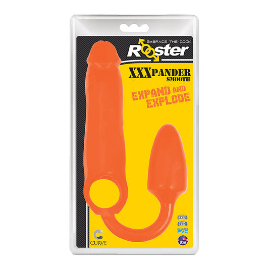Curve Toys Rooster XXXPANDER Smooth Penis Extender Sheath with Cockring & Anal Plug Orange-Pinkfoxxx