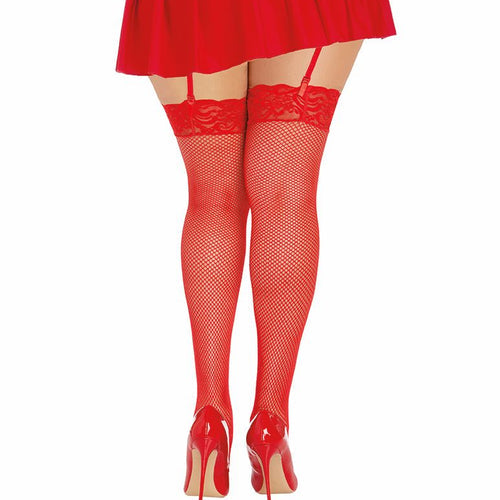FISHNET THIGH HIGHS W/ LACE TOP RED Q/S - DG0006XRD