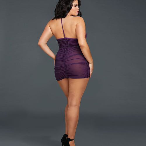 STRETCH MESH CHEMISE W/ SHIRRING DETAIL & G-STRING PLUM QUEEN - DG11517PLUX