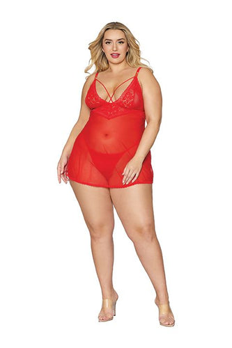 LACE & MESH BABYDOLL & G- STRING SET LIPSTICK RED Q/S - DG12701LRDX