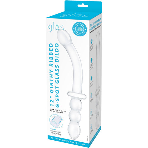 GLAS 12IN GIRTHY RIBBED G-SPOT GLASS DILDO W/ HANDLE GRIP - ELGLAS512