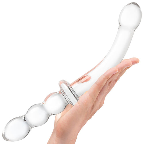 GLAS 12IN GIRTHY RIBBED G-SPOT GLASS DILDO W/ HANDLE GRIP - ELGLAS512