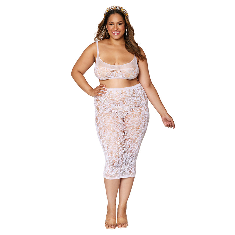 Dreamgirl Lace Fishnet Bralette & Slip Skirt White Queen Size-Pinkfoxxx
