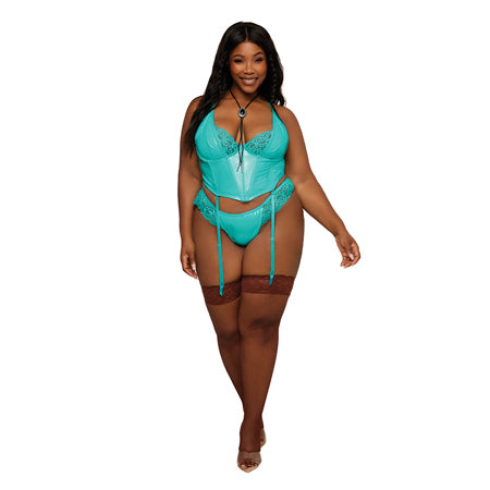 Dreamgirl Lace Trim Pleather Bustier & G-String with Removeable Garters Ocean 3XL-Pinkfoxxx