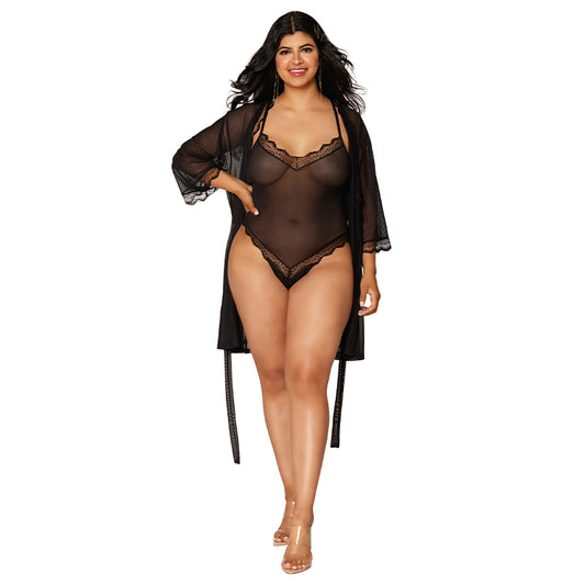 Dreamgirl Mesh Robe & Strappy Back Teddy With Lace Trim Black 3XL Hanging-Pinkfoxxx