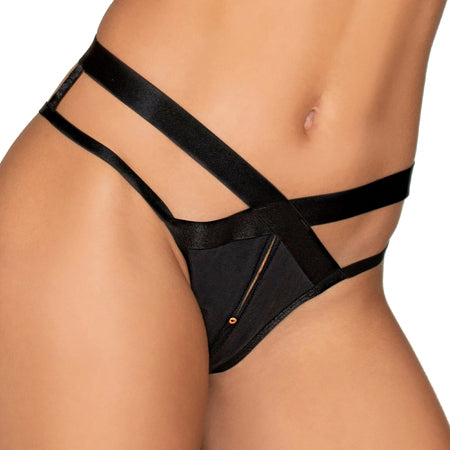 Dreamgirl Microfiber Open-Crotch Strappy Panty Black M Hanging-Pinkfoxxx