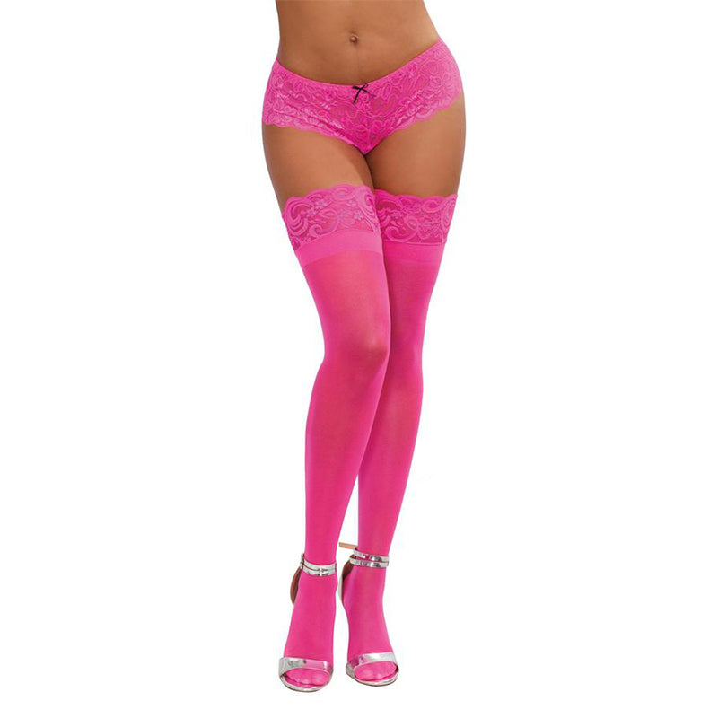 Dreamgirl Neon Pink Sheer Thigh-High Stockings With Silicone Lace Top Pink OS-Pinkfoxxx