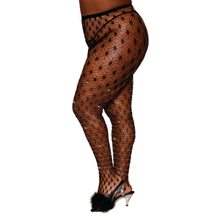 Dreamgirl Rhinestone Net Pantyhose Black Queen Size-Pinkfoxxx