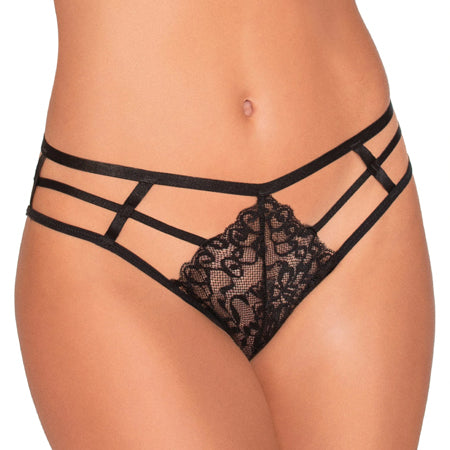 Dreamgirl Strappy Cheeky Panty with Center Front Lace Detail Black XL Hanging-Pinkfoxxx
