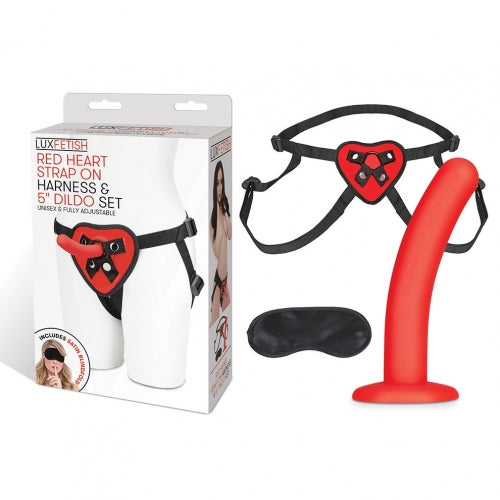 LUX FETISH RED HEART STRAP ON HARNESS & 5IN DILDO SET - ELLF1379