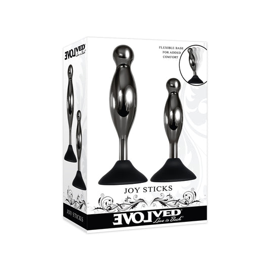 Evolved Joy Sticks 2-Piece Metal Anal Plug With Suction Cup Base Set Black-Pinkfoxxx