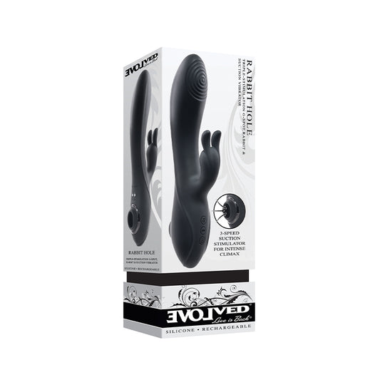 Evolved Rabbit Hole 3-in-1 Rechargeable Triple Stimulation Silicone Suction Vibrator Black-Pinkfoxxx