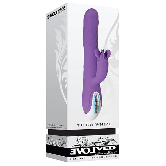 Evolved Tilt-O-Whirl Rechargeable Silicone Dual Stimulation Vibrator With Spinning Clit Stimulator Purple-Pinkfoxxx