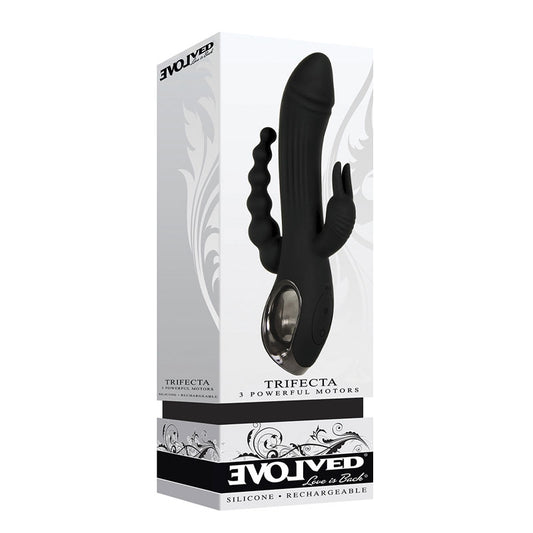 Evolved Trifecta Rechargeable Dual Entry Triple Stimulation Silicone Rabbit Vibrator Black-Pinkfoxxx