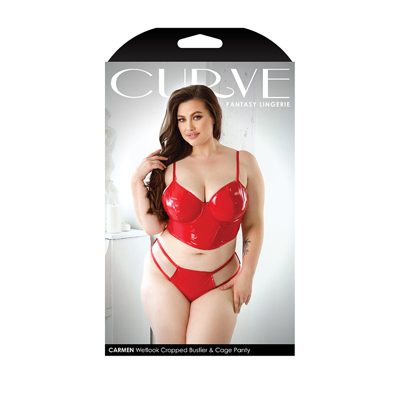 Fantasy Lingerie Curve Carmen Wetlook Cropped Bustier & Matching Cage Panty Red-Pinkfoxxx