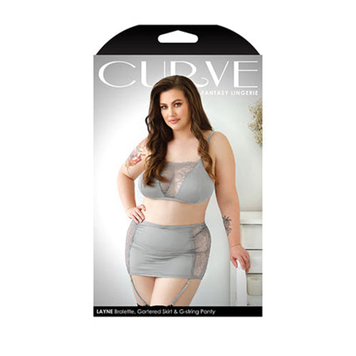 Fantasy Lingerie Curve Layne Lace Panel Bralette, Matching Gartered Skirt & G-String Panty Gray-Pinkfoxxx