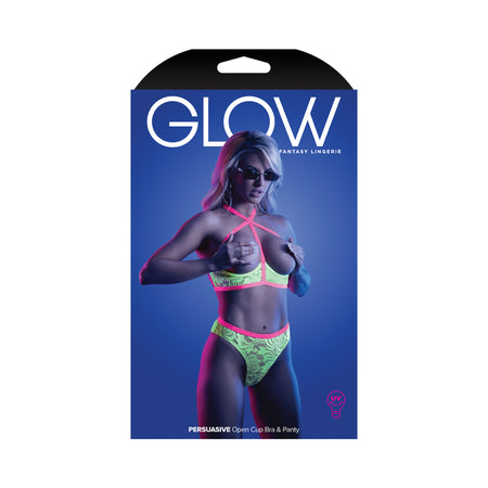 Fantasy Lingerie Glow Persuasive Contrast Elastic Open Cup Lace Cage Bra & Panty Neon Green-Pinkfoxxx