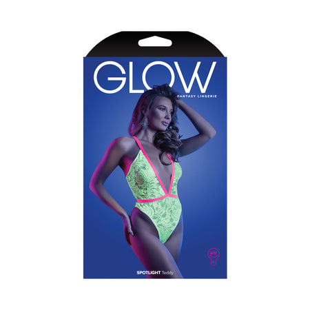 Fantasy Lingerie Glow Spotlight Contrast Elastic Lace Teddy with Snap Closure Neon Green-Pinkfoxxx