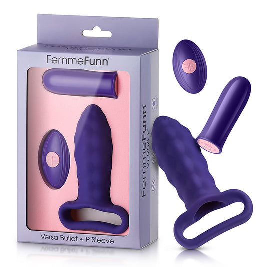 FemmeFunn Versa P Rechargeable Remote-Controlled Bullet Vibrator & Textured Silicone P Sleeve Dark Purple-Pinkfoxxx
