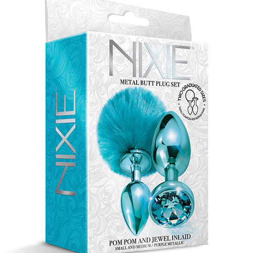 NIXIE METAL BUTT PLUG SET POM POM & JEWEL BLUE METALLIC - GN1000315