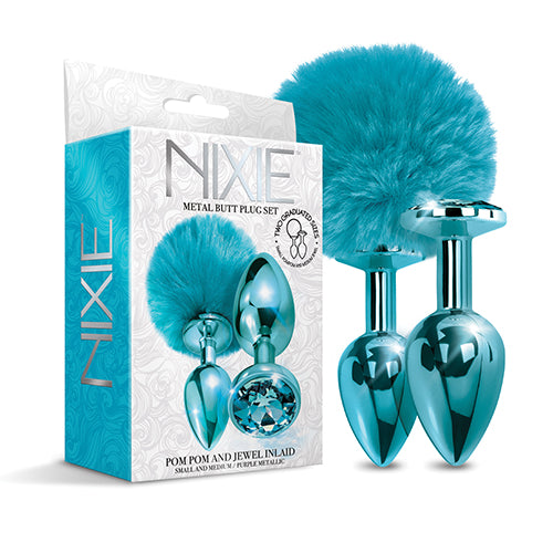 NIXIE METAL BUTT PLUG SET POM POM & JEWEL BLUE METALLIC - GN1000315