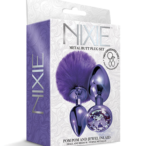 NIXIE METAL BUTT PLUG SET POM POM & JEWEL PURPLE METALLIC - GN1000316