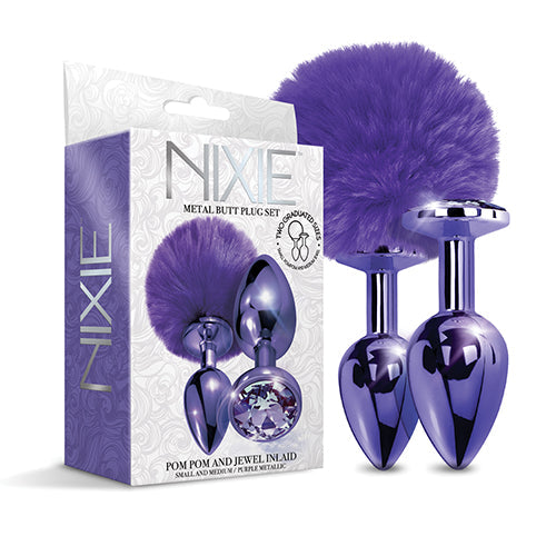NIXIE METAL BUTT PLUG SET POM POM & JEWEL PURPLE METALLIC - GN1000316