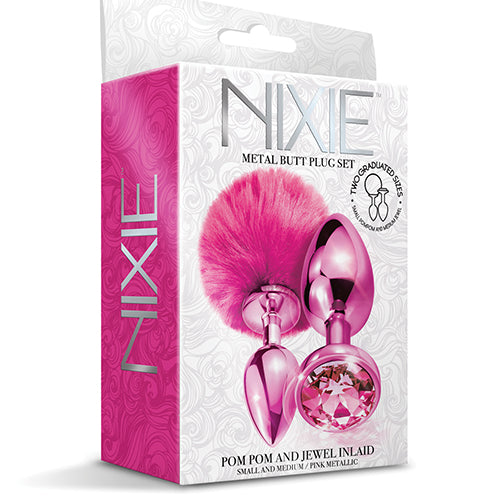 NIXIE METAL BUTT PLUG SET POM POM & JEWEL PINK METALLIC - GN1000317