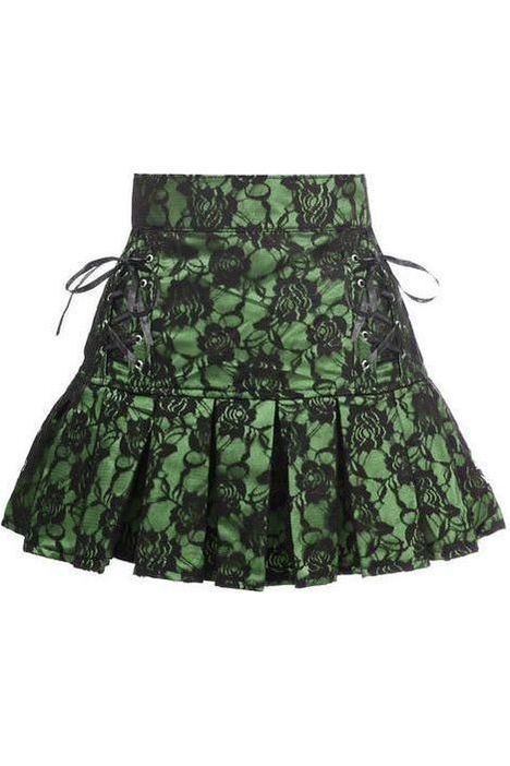 Green Satin w/Black Lace Overlay Lace-Up Skirt