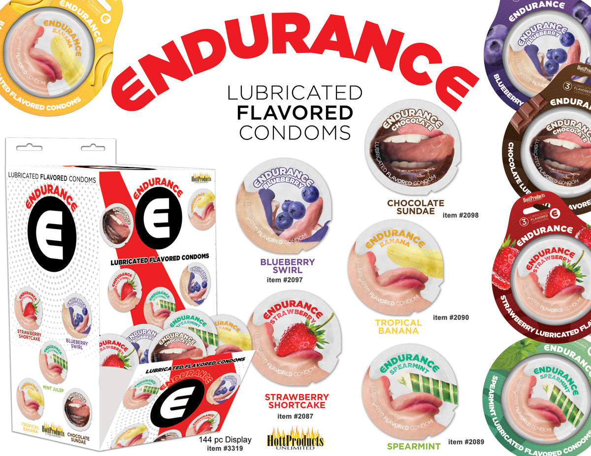 ENDURANCE FLAVORED CONDOMS ASST FLAVORS 144 PCS WALL MOUNT