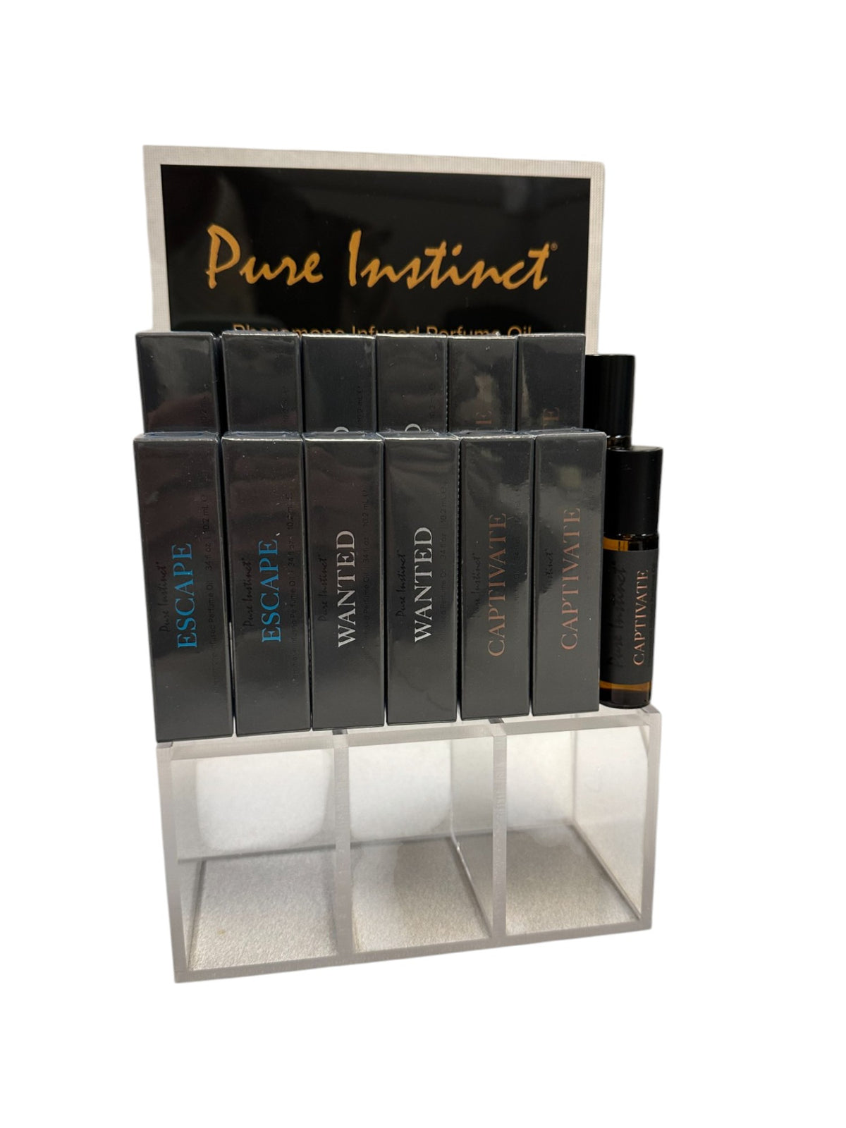 PURE INSTINCT PHEROMONE INFUSED PERFUME OIL MEN ACRYLIC CUBE DISPLAY W/TESTERS
