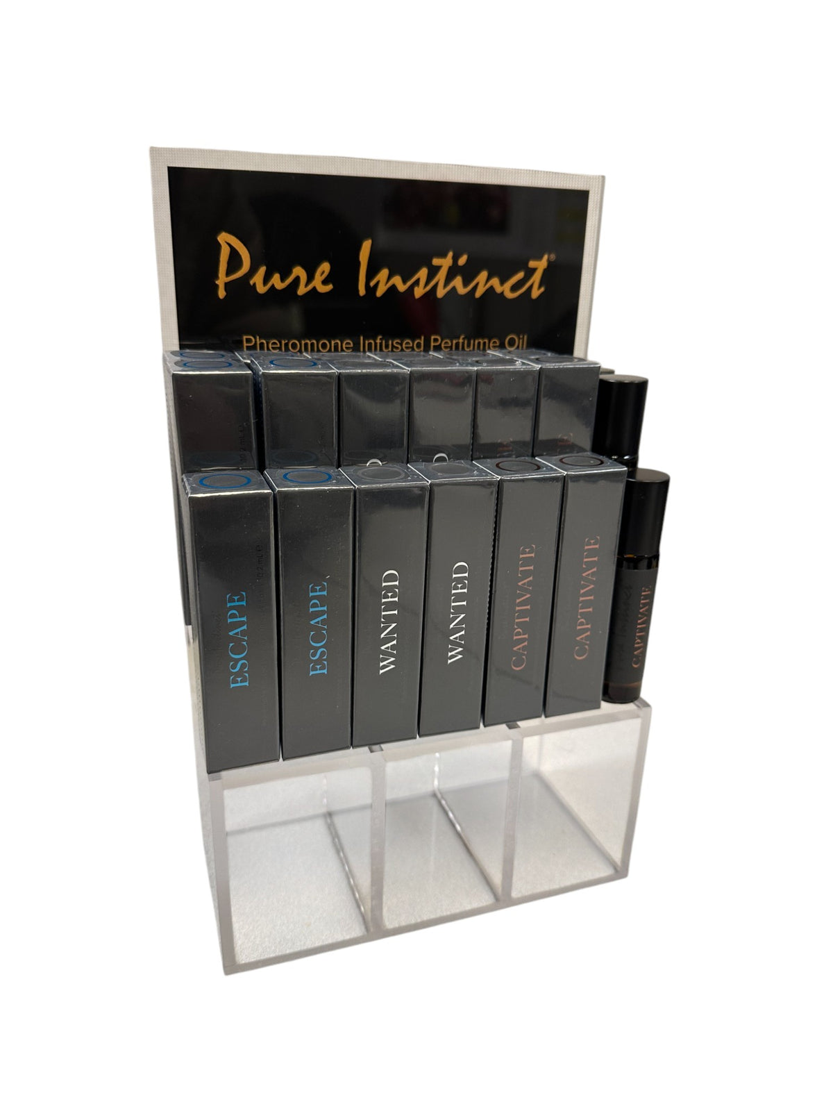 PURE INSTINCT PHEROMONE INFUSED PERFUME OIL MEN ACRYLIC CUBE DISPLAY W/TESTERS