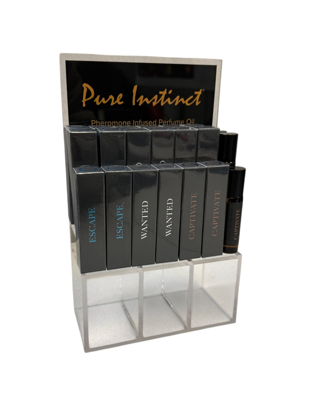 PURE INSTINCT PHEROMONE INFUSED PERFUME OIL MEN ACRYLIC CUBE DISPLAY W/TESTERS