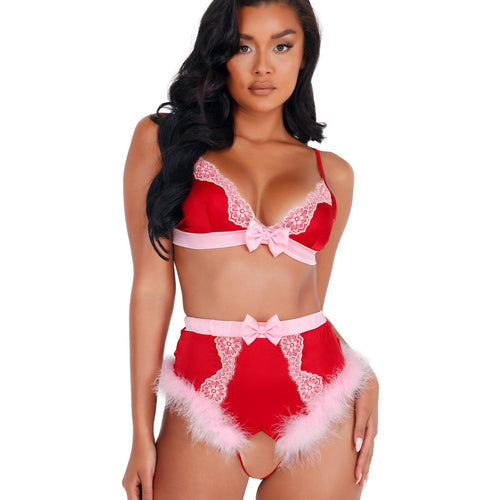 LI424 - 2pc Lace & Satin Marabou Bra Set