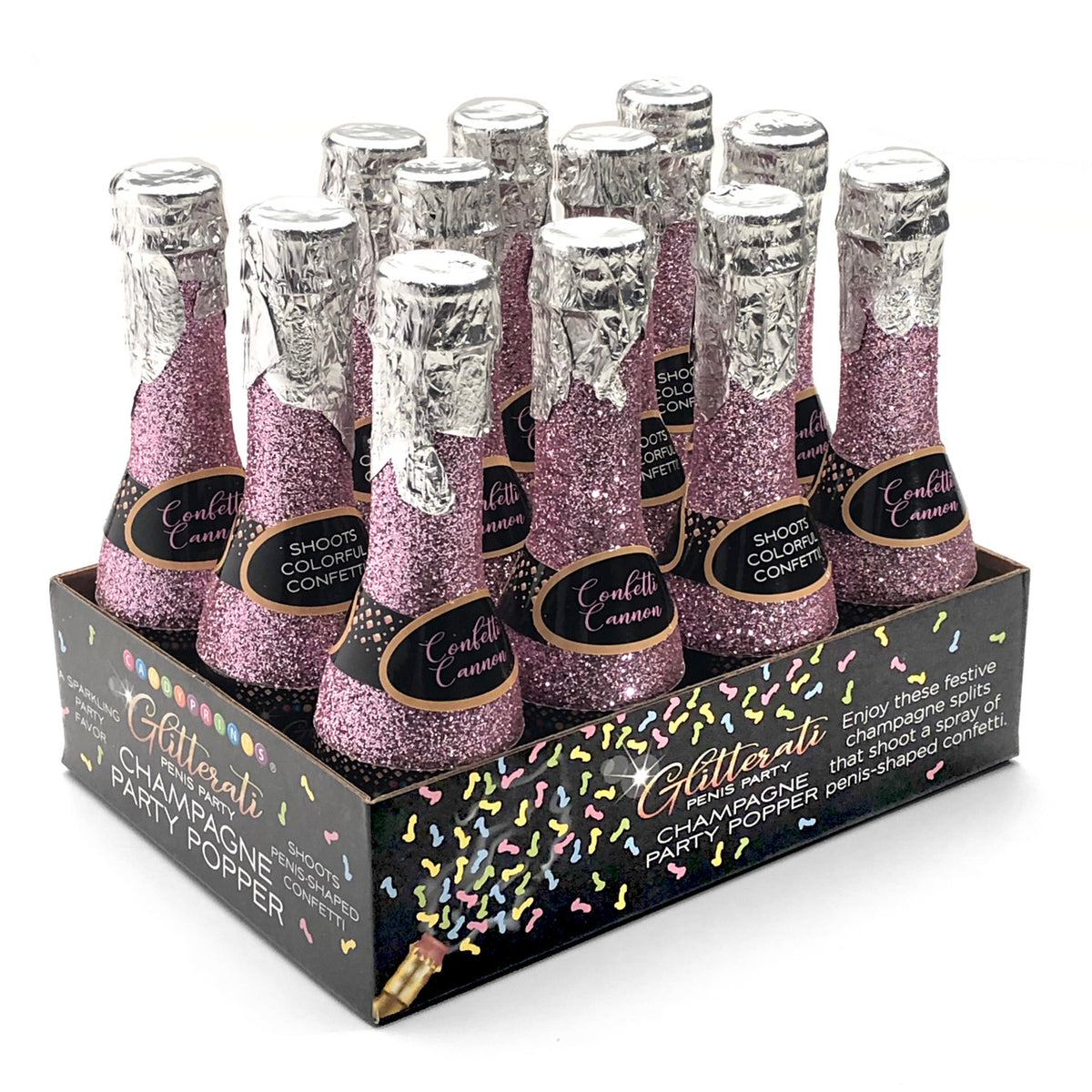 GLITTERATI CHAMPAGNE CONFETTI POPPERS 12PC DISPLAY