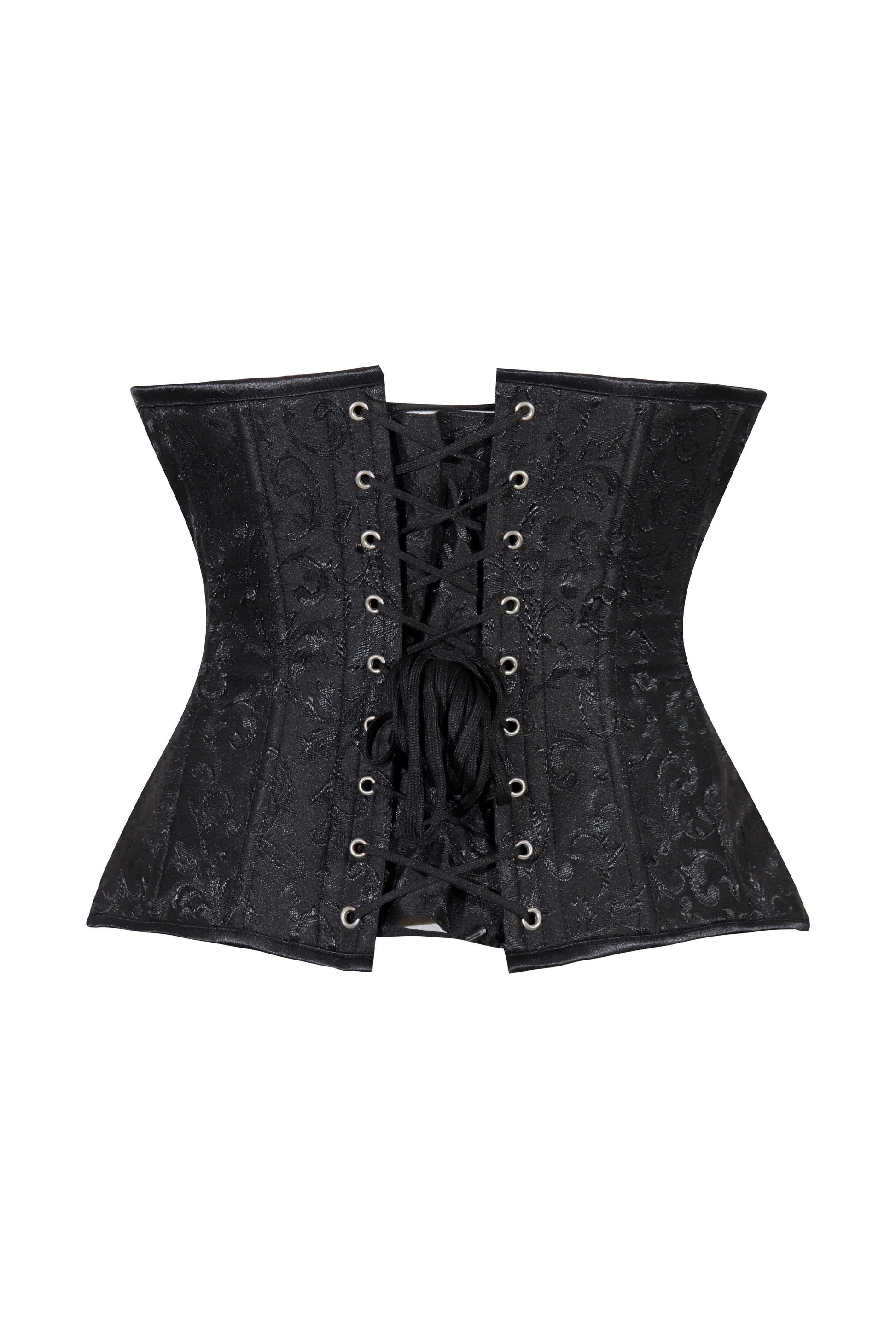 Lavish Black Brocade Waist Cincher Under Bust Corset w/Front Busk Closure